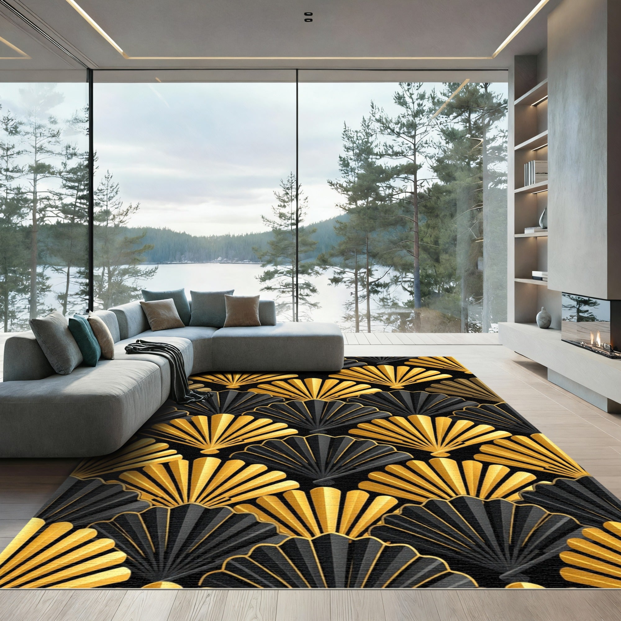 Art Deco Golden Fan Shell Wallpaper Rug