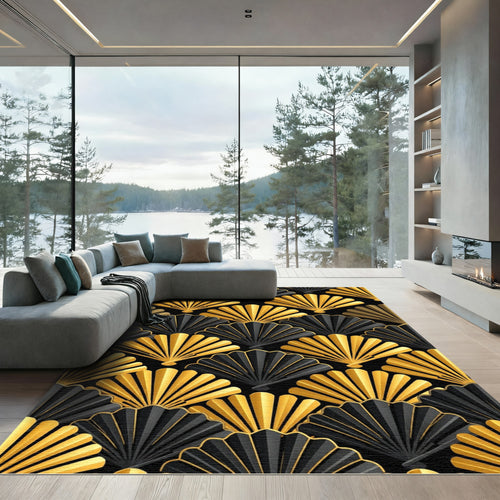 Art Deco Golden Fan Shell Wallpaper Rug