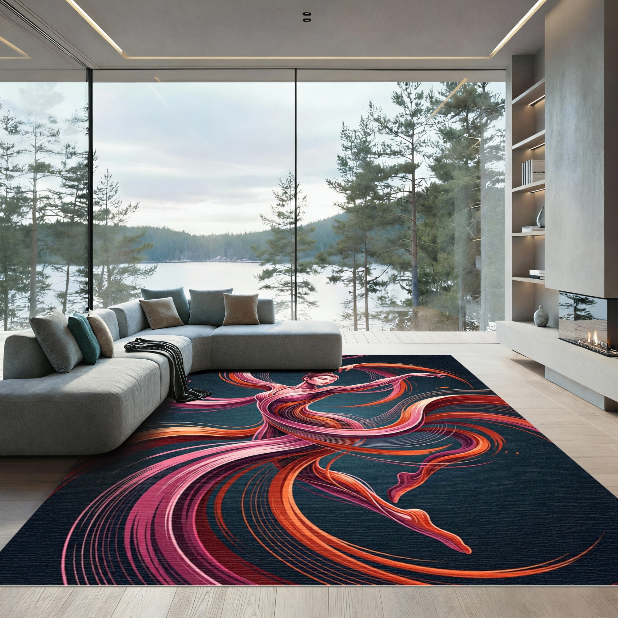 Dynamic Crimson Flowing Dancer Abstract Rug