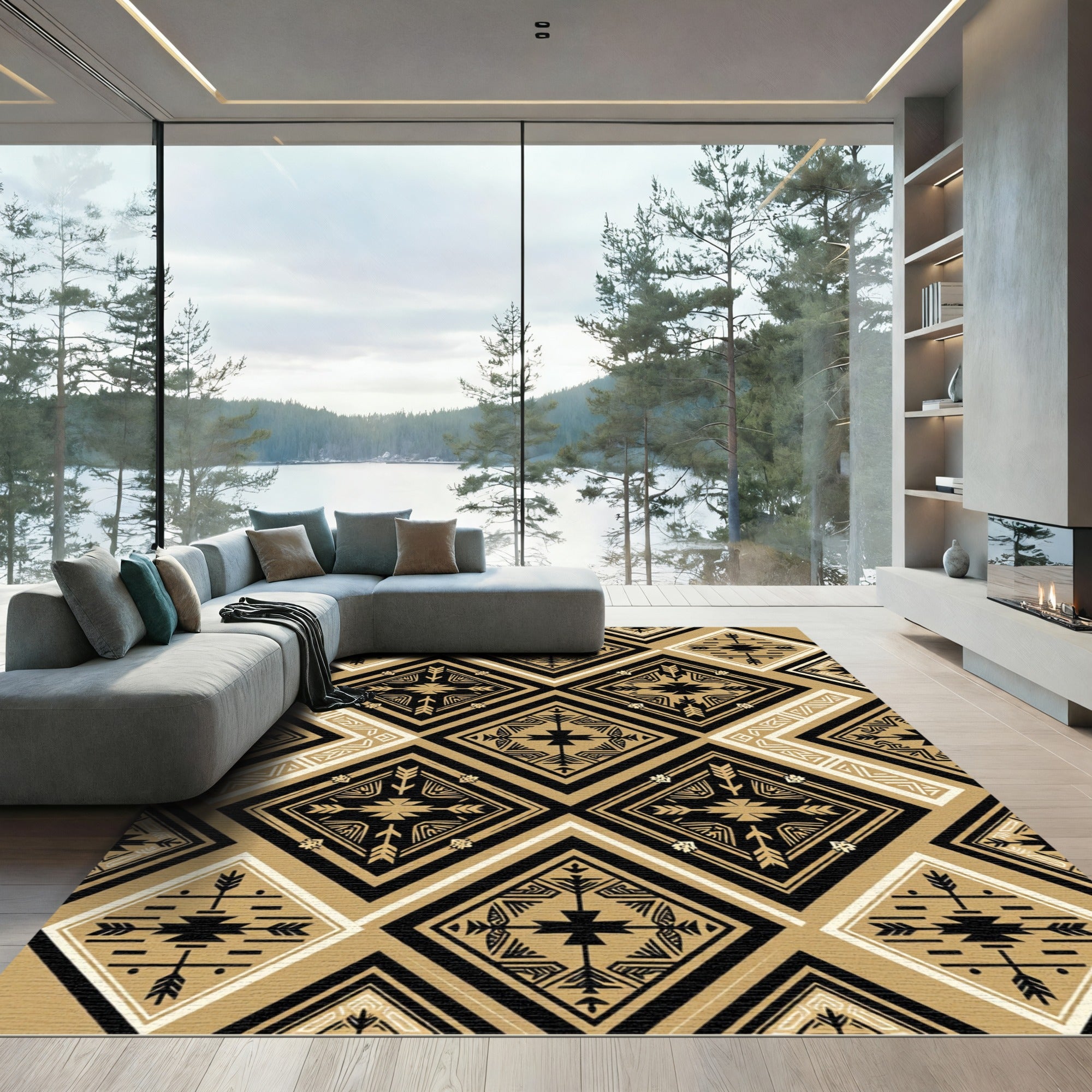 Bold Black Geometric Diamond Rug