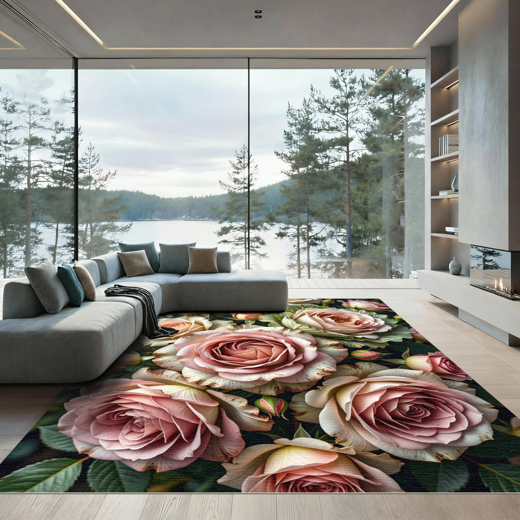 Romantic Blush Rose Bouquet Floral Rug