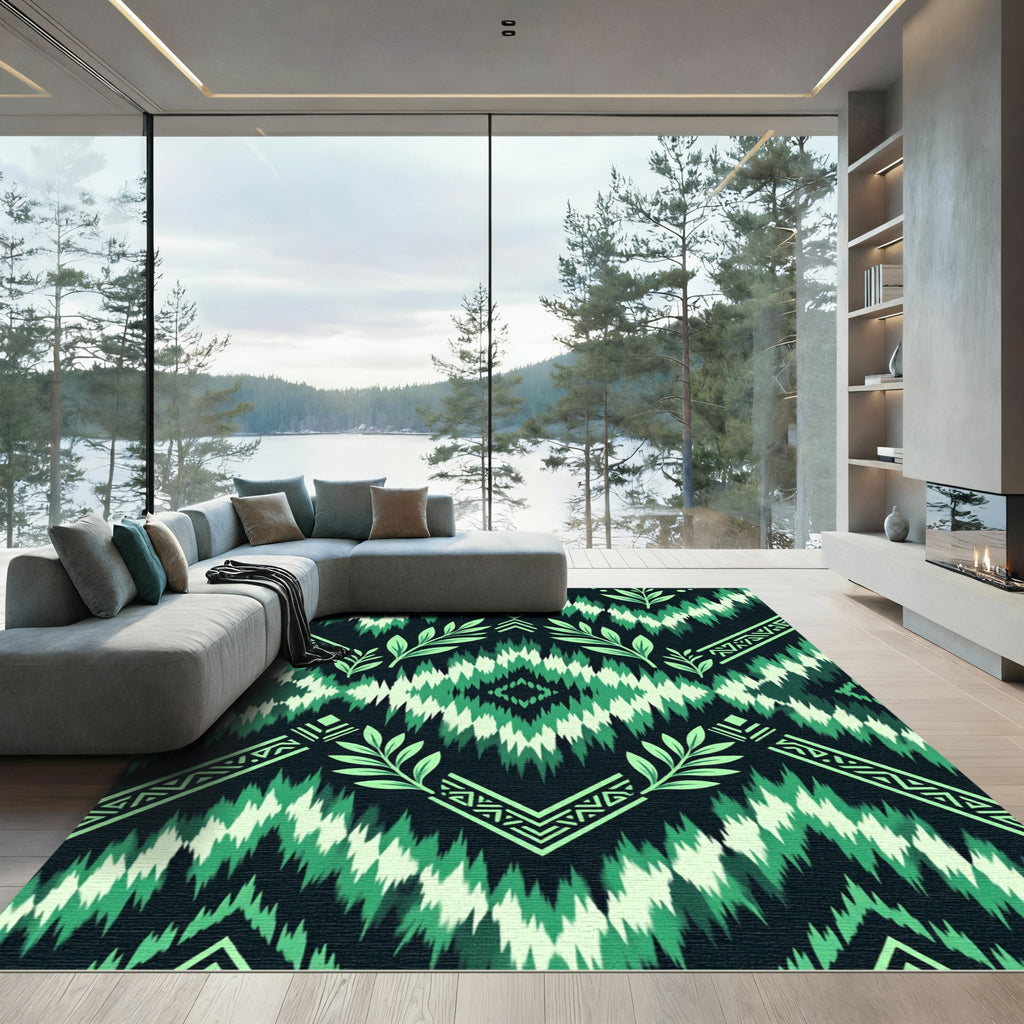 Forest Green Tribal Leaf Diamond Rug