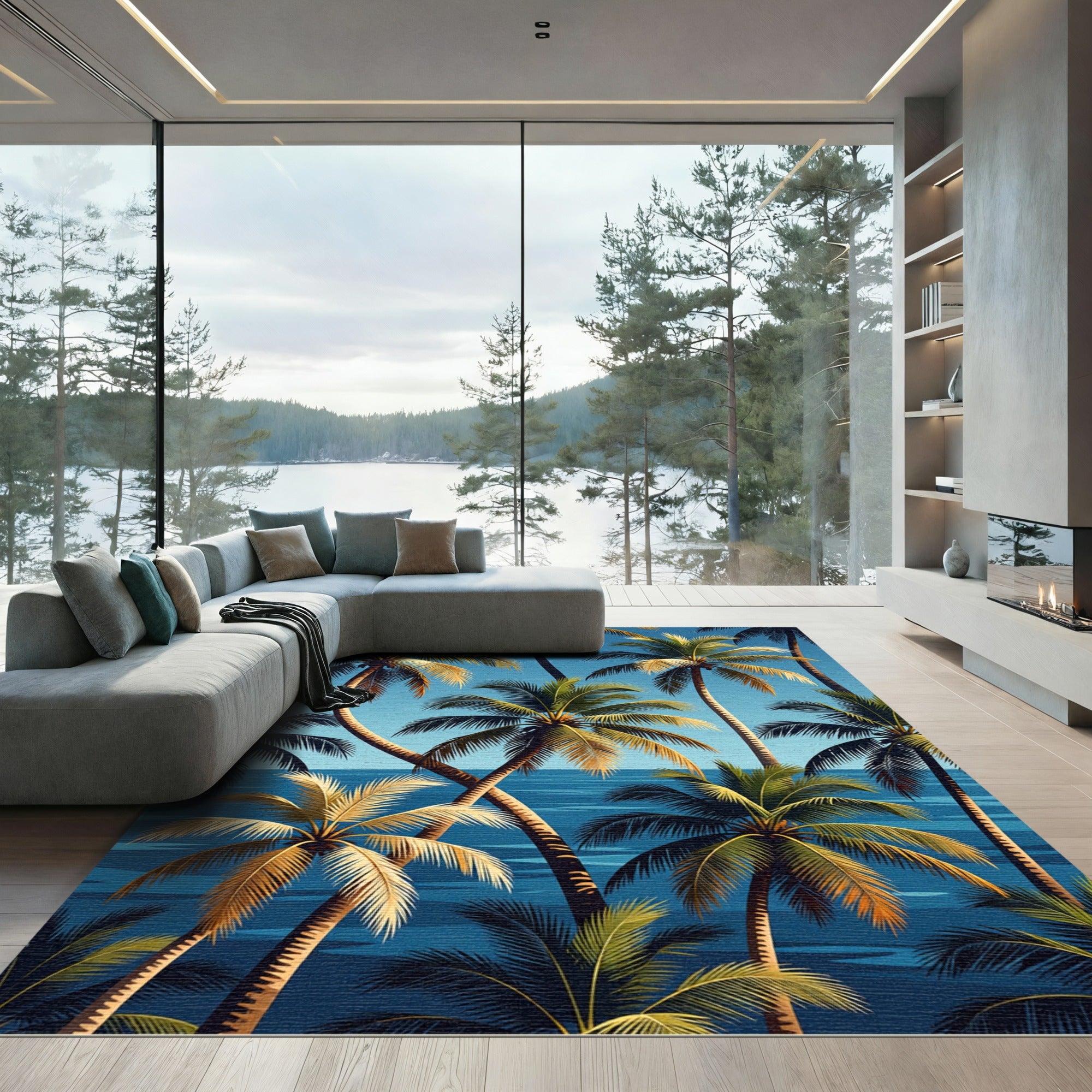 Tropical Palm Island Blue Ocean View Rug