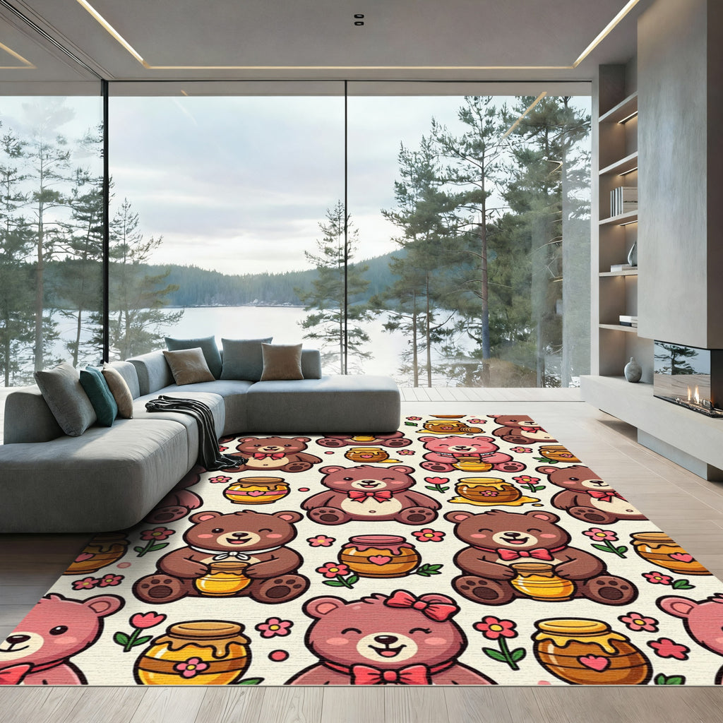 Cheerful Teddy Bear and Honey Pot Rug