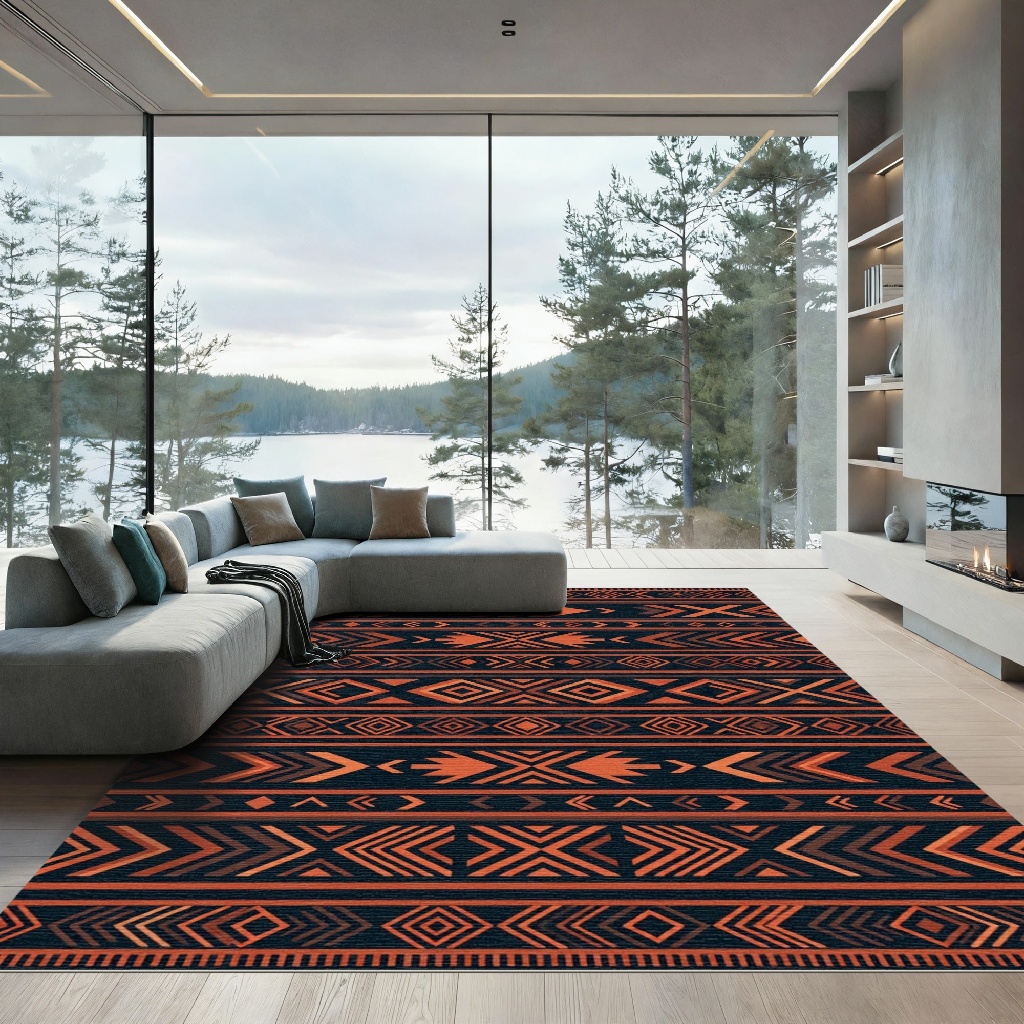Bold Terracotta Geometric Aztec Inspired Rug