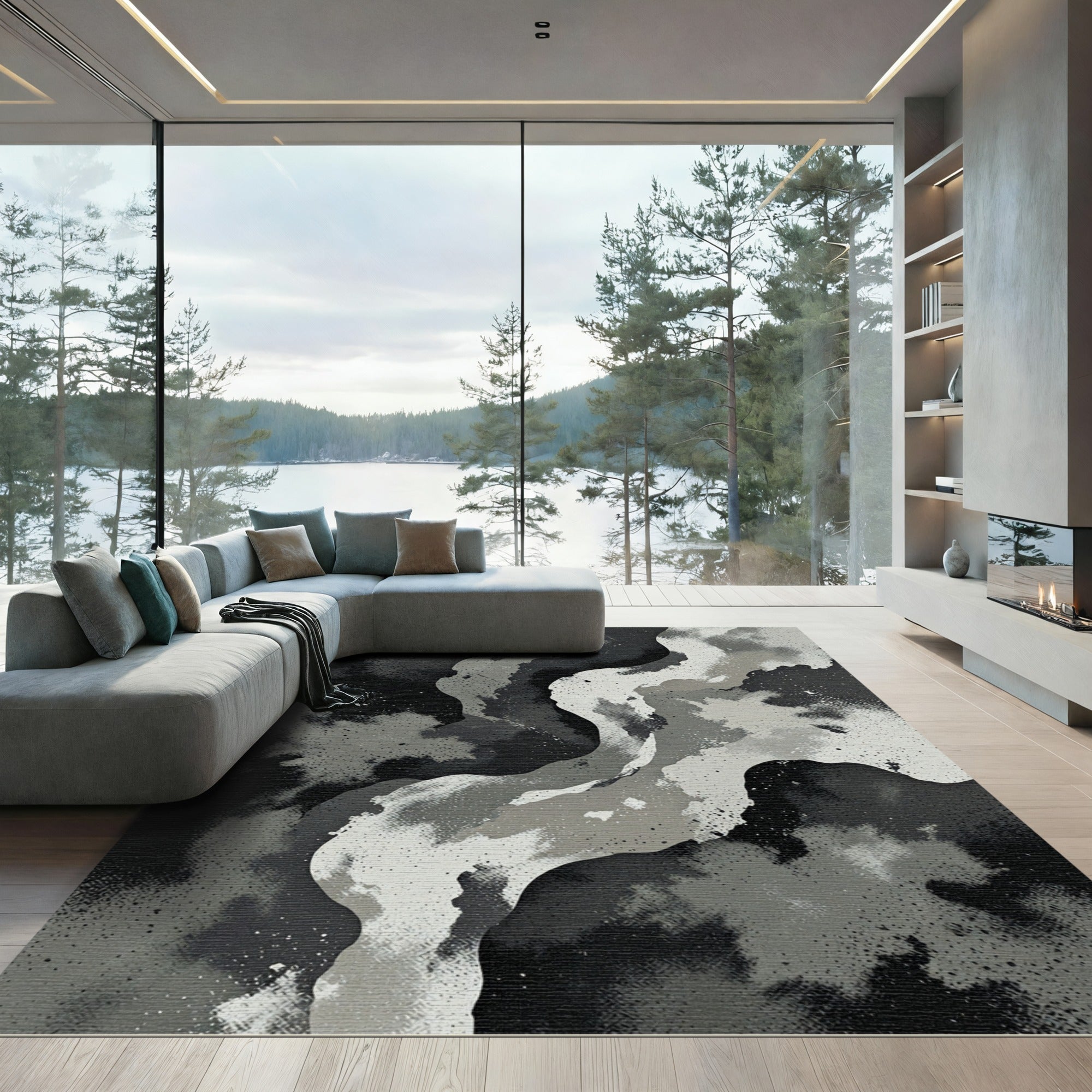 Abstract Monochrome Swirls Graphite Ink Rug