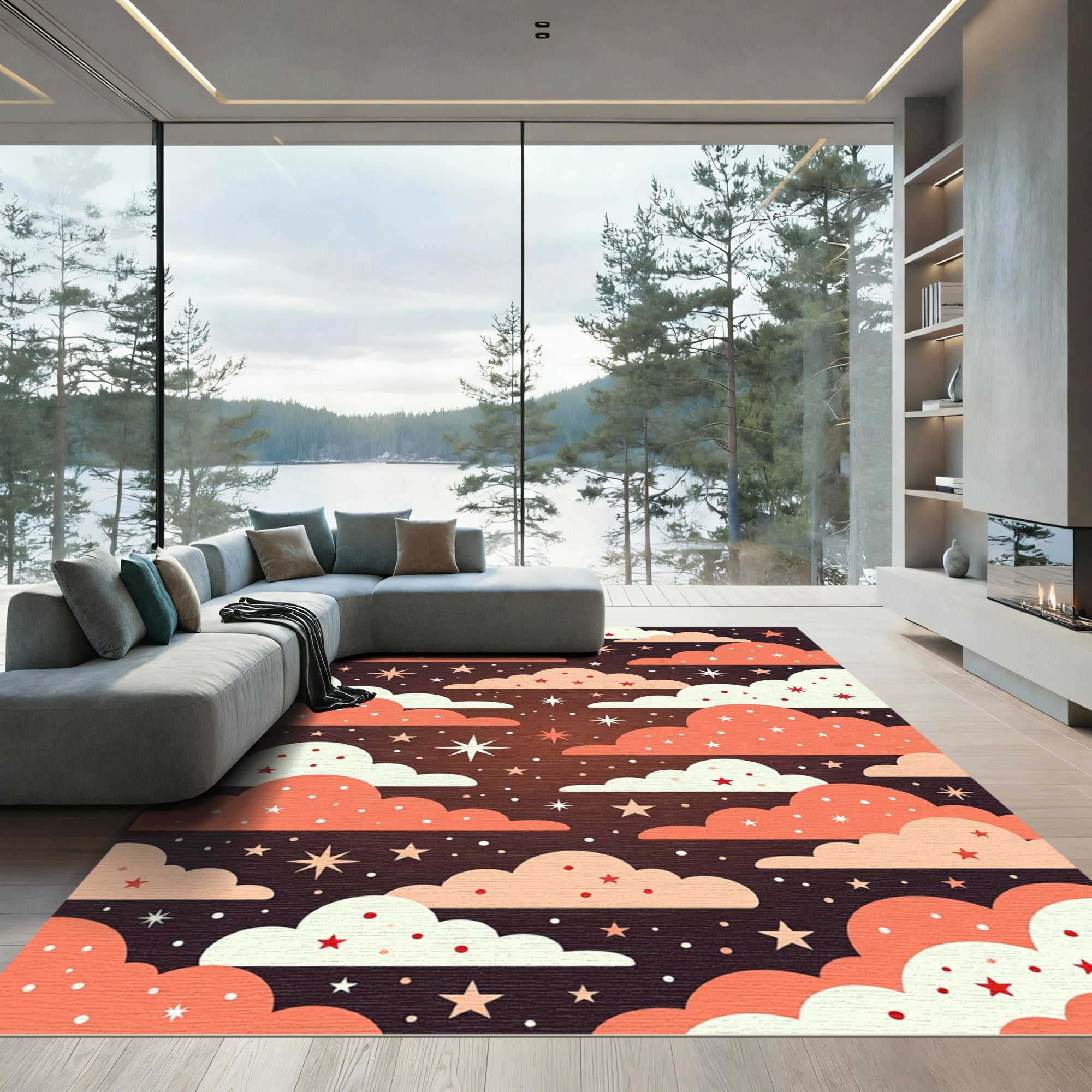 Whimsical Coral Night Sky Starry Clouds Rug