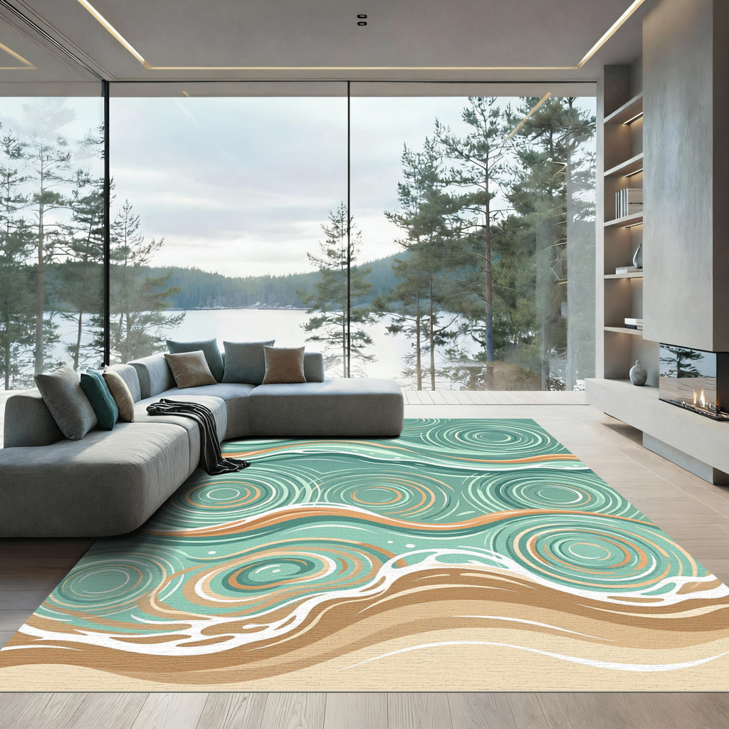 Abstract Teal Ripple and Sand Swirl Rug