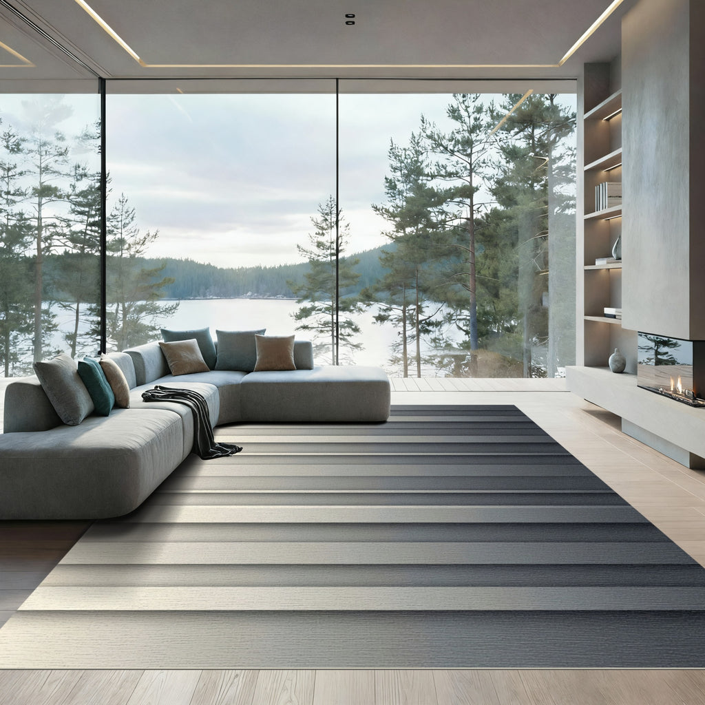 Minimalist Metallic Silver Gradient Horizontal Line Rug