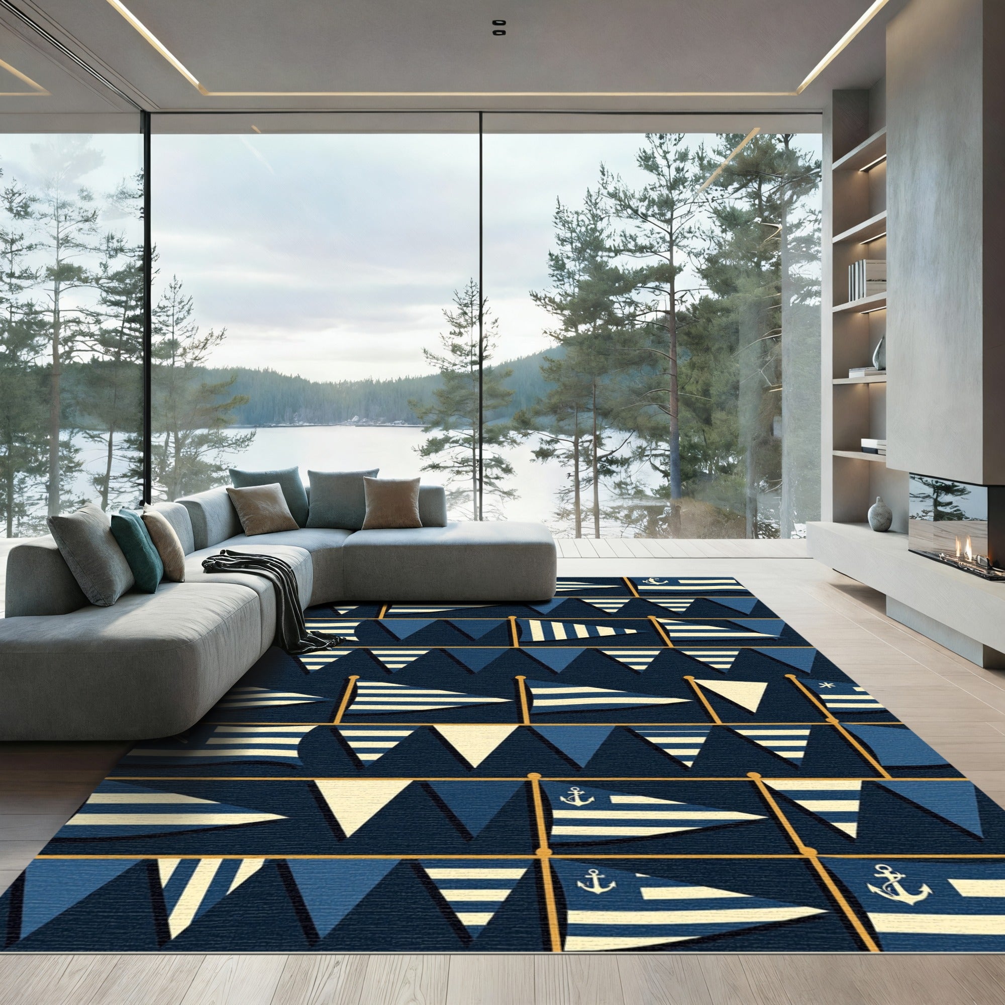 Nautical Navy Blue Anchor Flag Art Rug