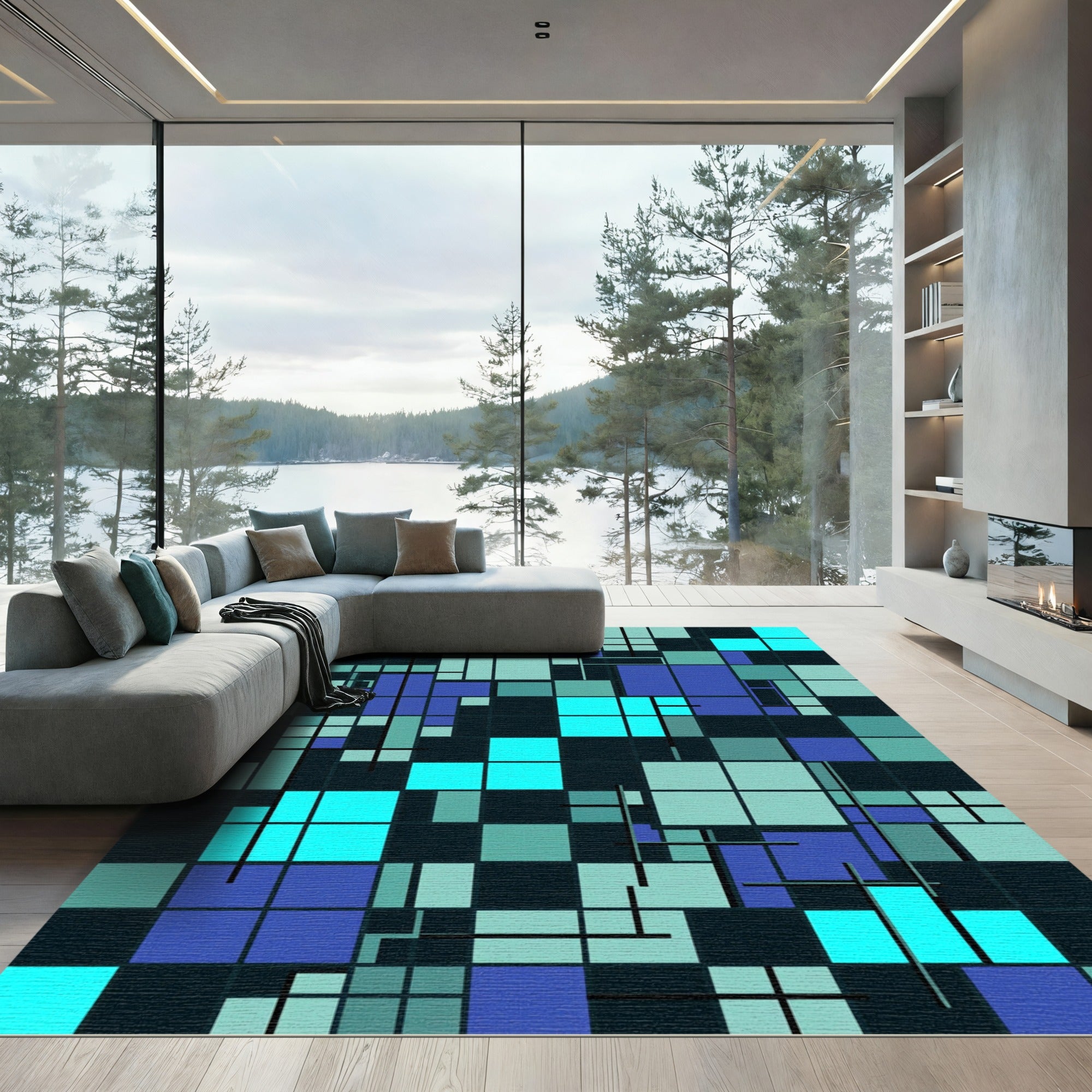 Modern Teal and Navy Grid Block Rug