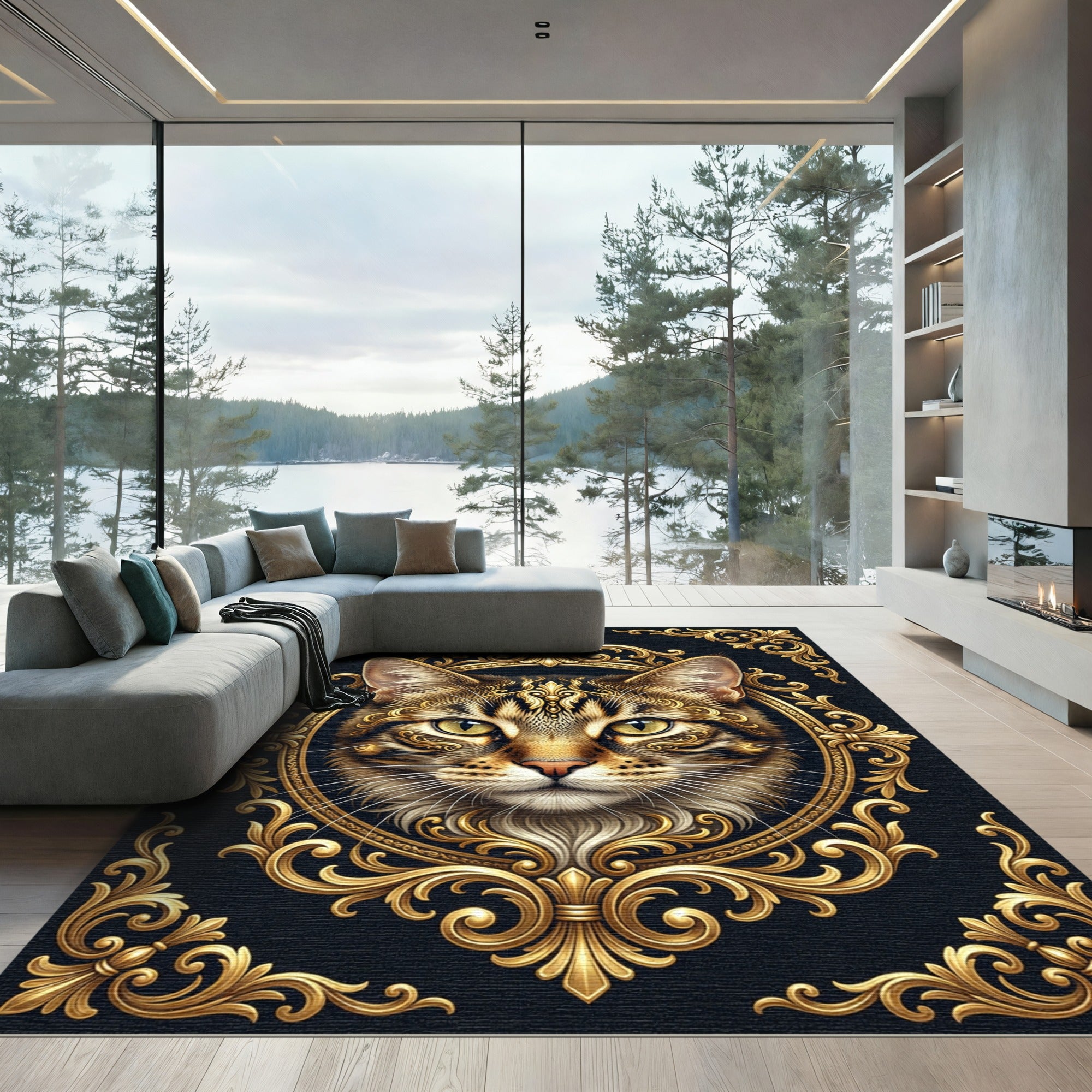 Regal Golden Cat Ornate Frame Rug