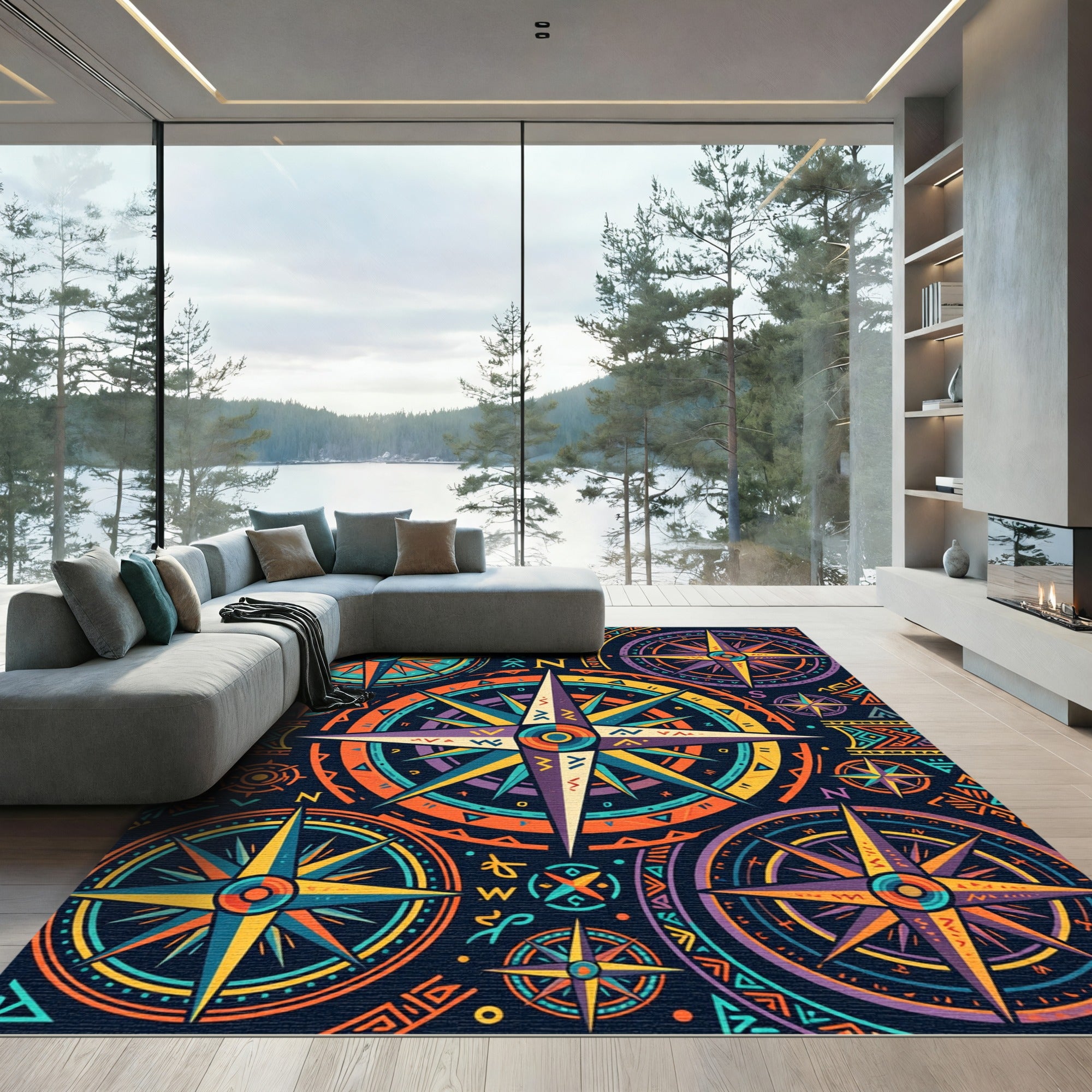 Vibrant Multicolored Celestial Compass Art Rug