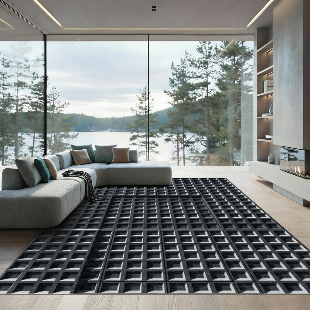 Monochromatic Charcoal Grid Geometric Rug