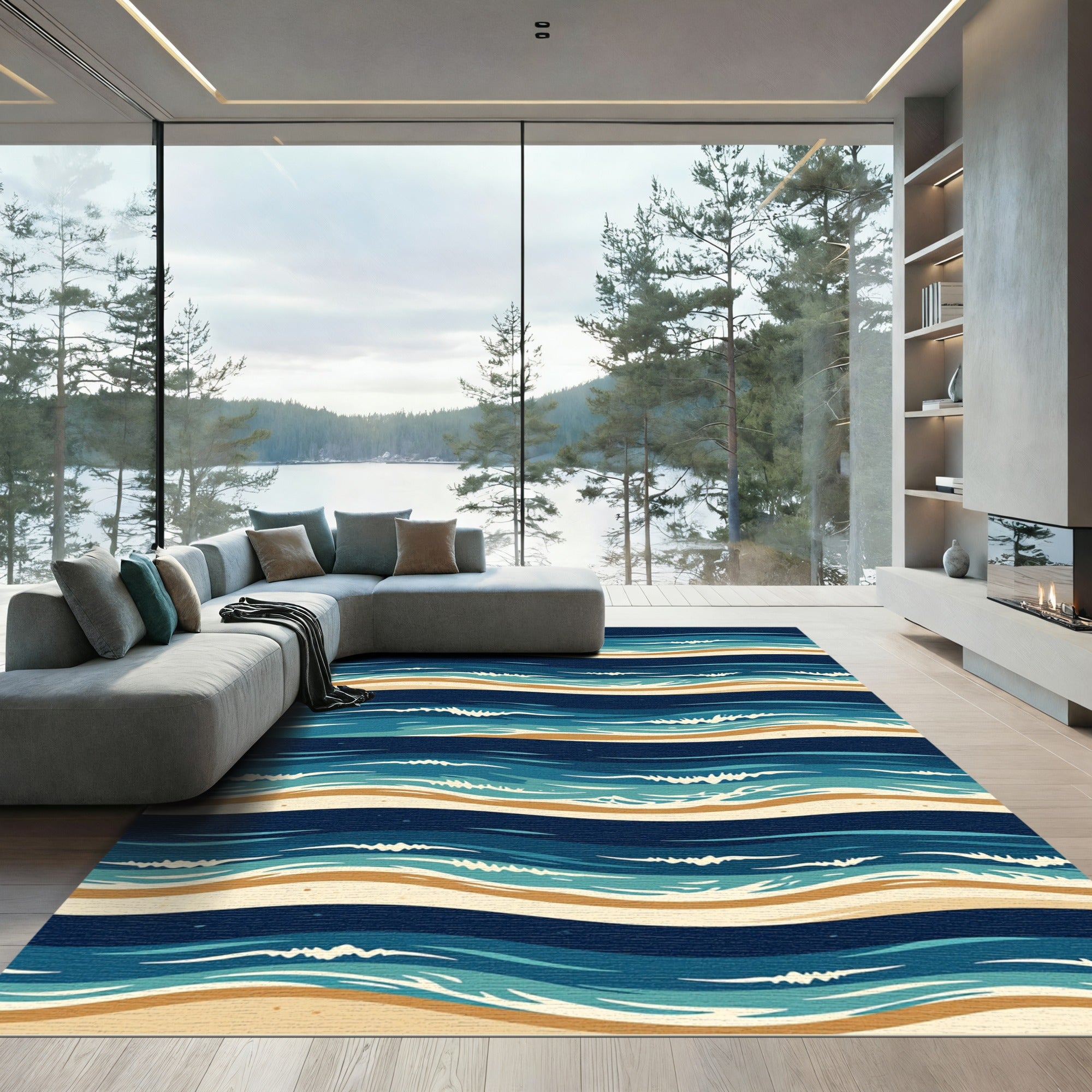 Coastal Azure Wavy Ocean Stripe Rug
