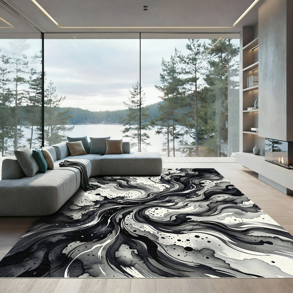 Monochromatic Ink Splash Abstract Swirl Rug