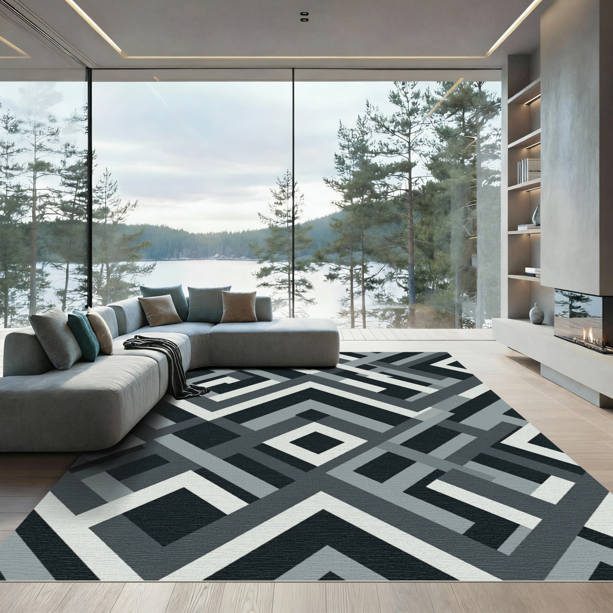 Monochrome Abstract Geometric Interlocking Line Rug