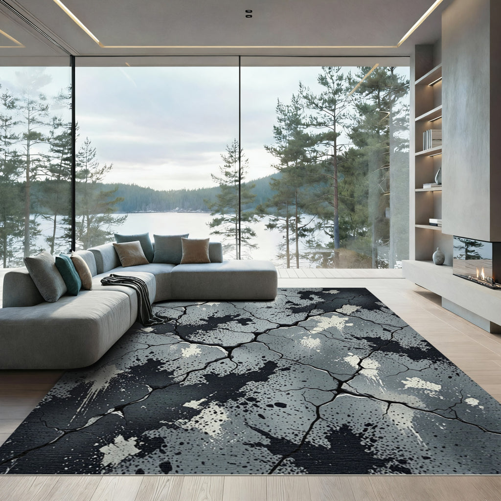 Crackled Concrete Splatter Grunge Rug