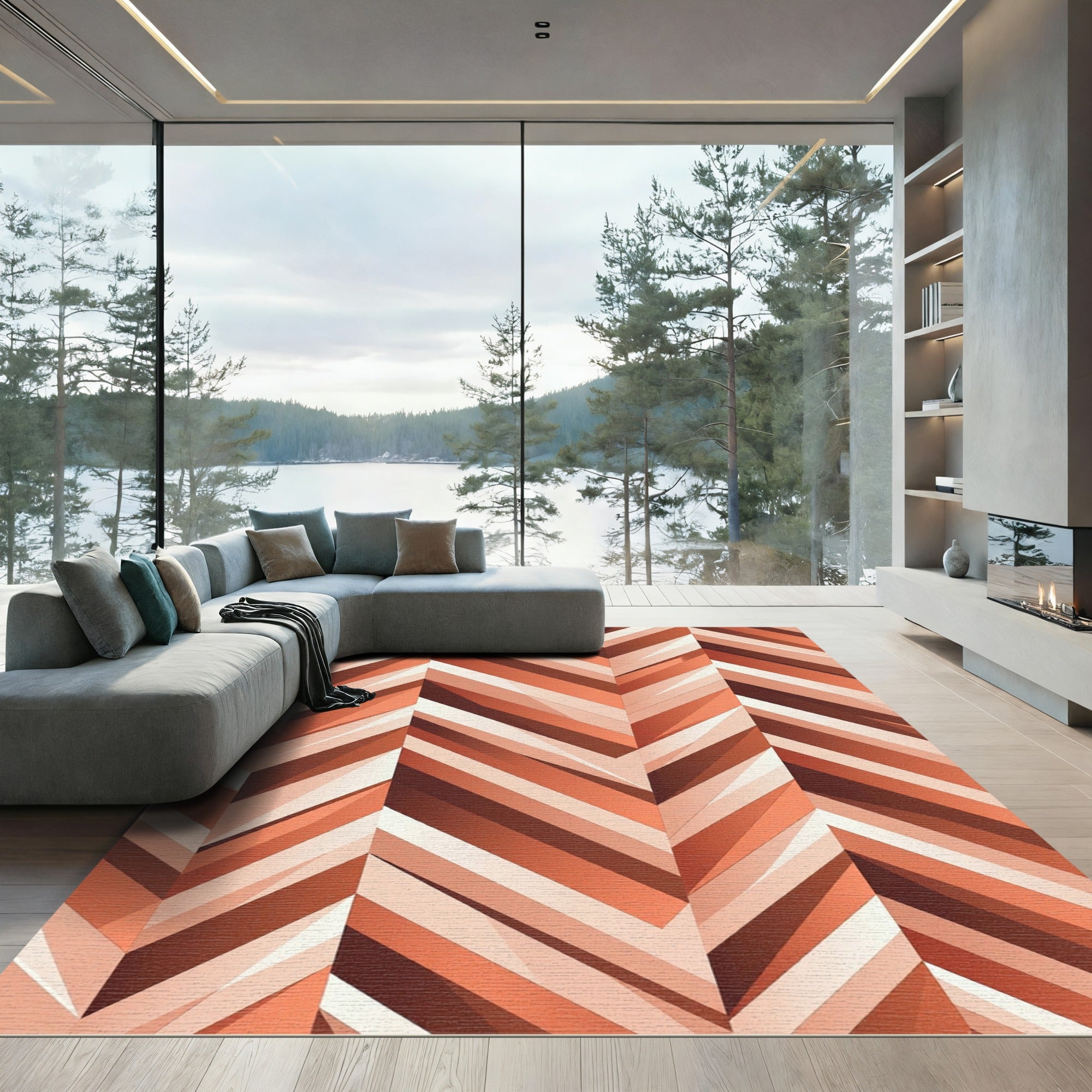 Terracotta Chevron Geometric Striped Accent Rug
