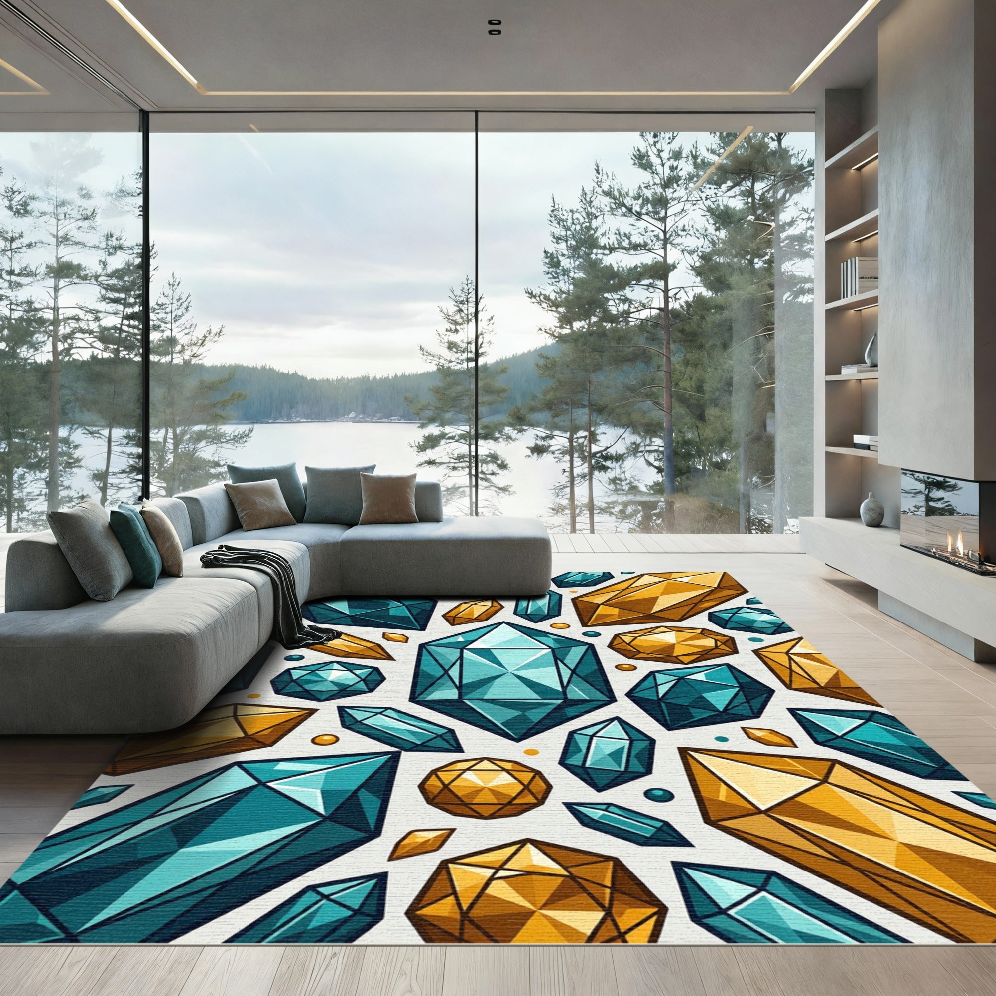 Teal Gold Gemstone Collage Rug