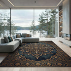 Ornate Gold Floral Medallion Charcoal Backdrop Rug