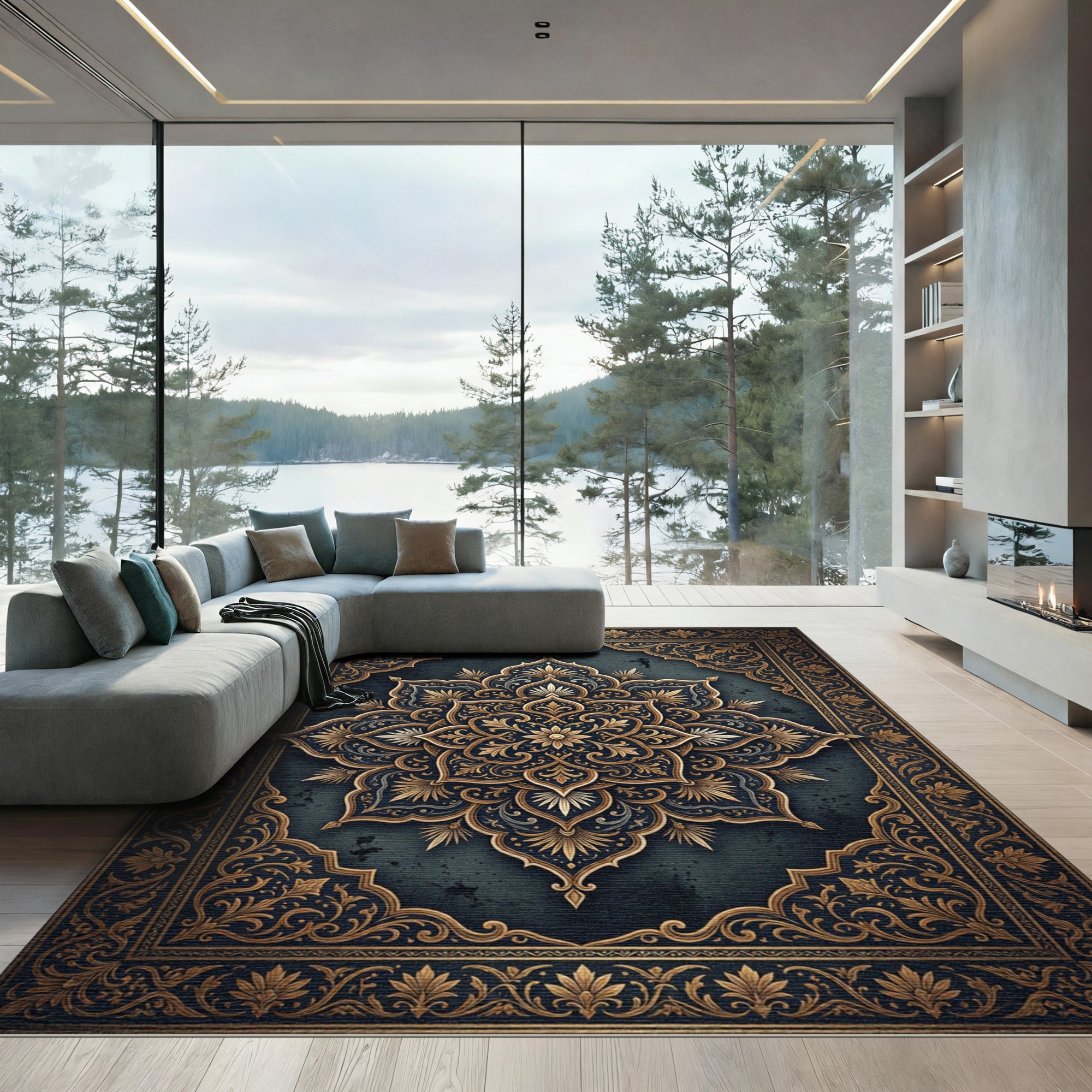 Ornate Gold Floral Medallion Charcoal Backdrop Rug