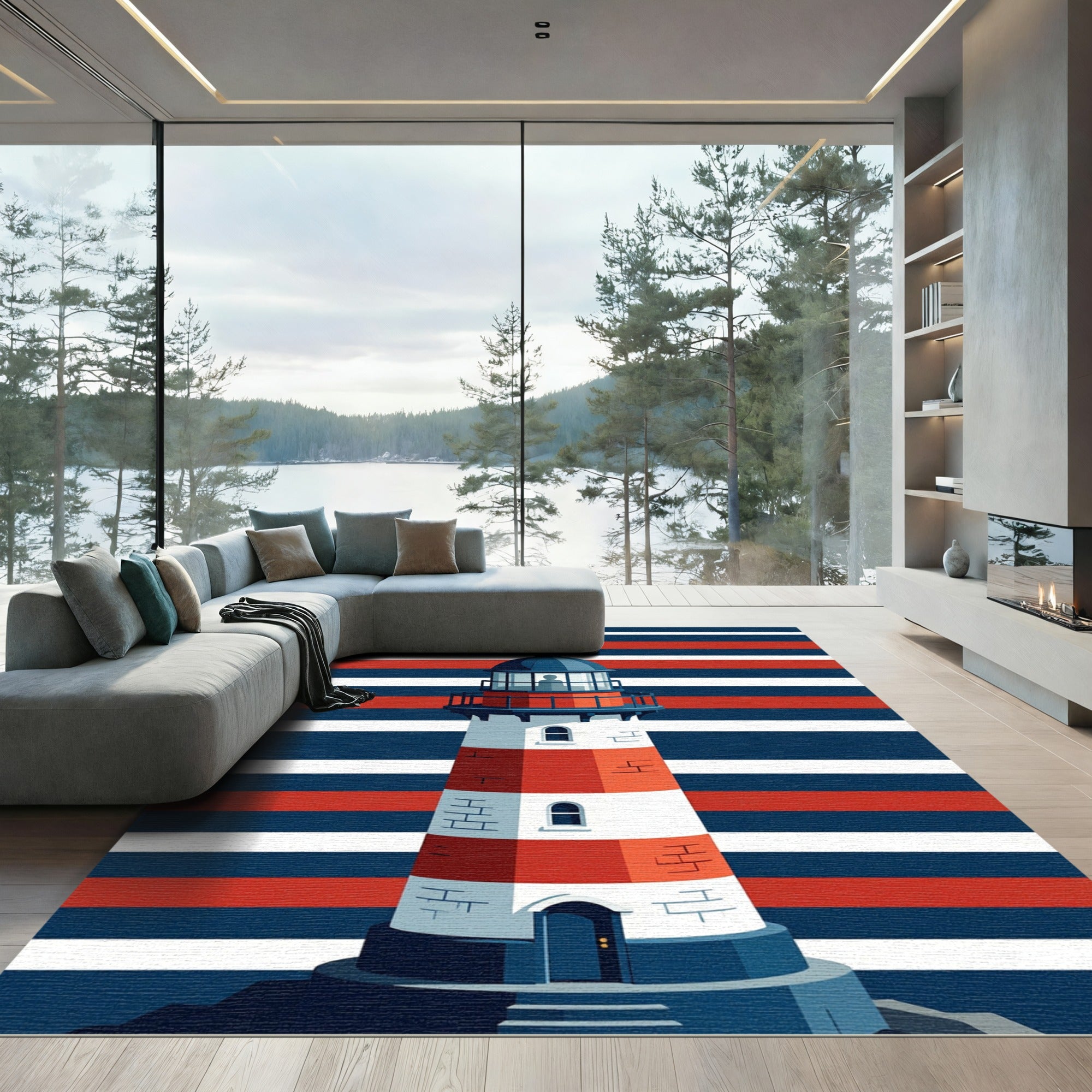 Nautical Red White Blue Lighthouse Stripes Rug