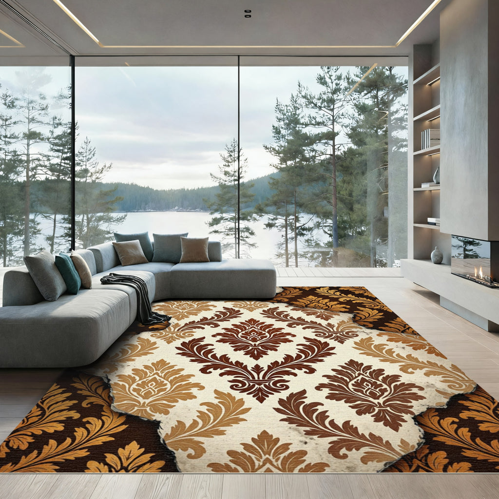 Distressed Cream and Brown Damask Scroll Rug