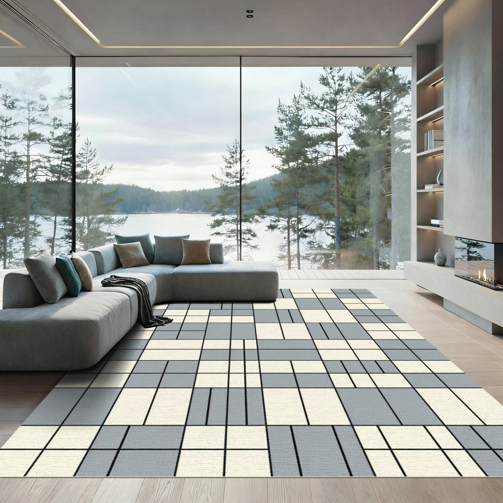 Modern Gray Cream Rectangular Grid Rug