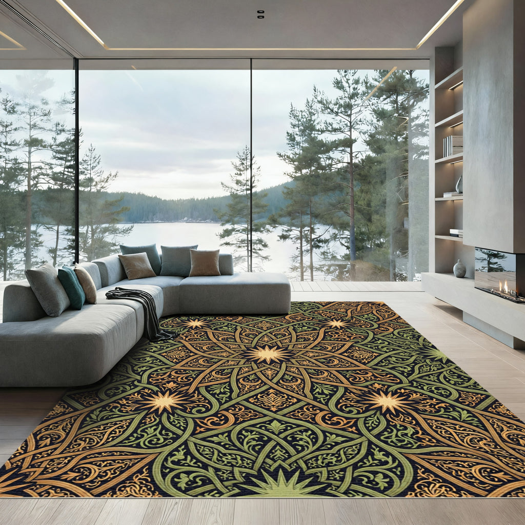 Intricate Gold Green Starburst Arabesque Rug