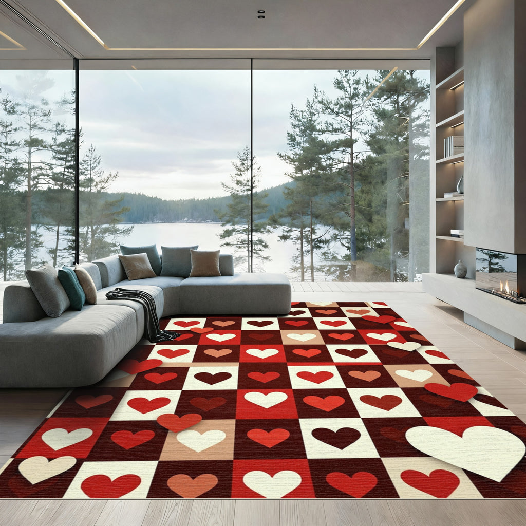 Red White Heart Checkerboard Contemporary Rug