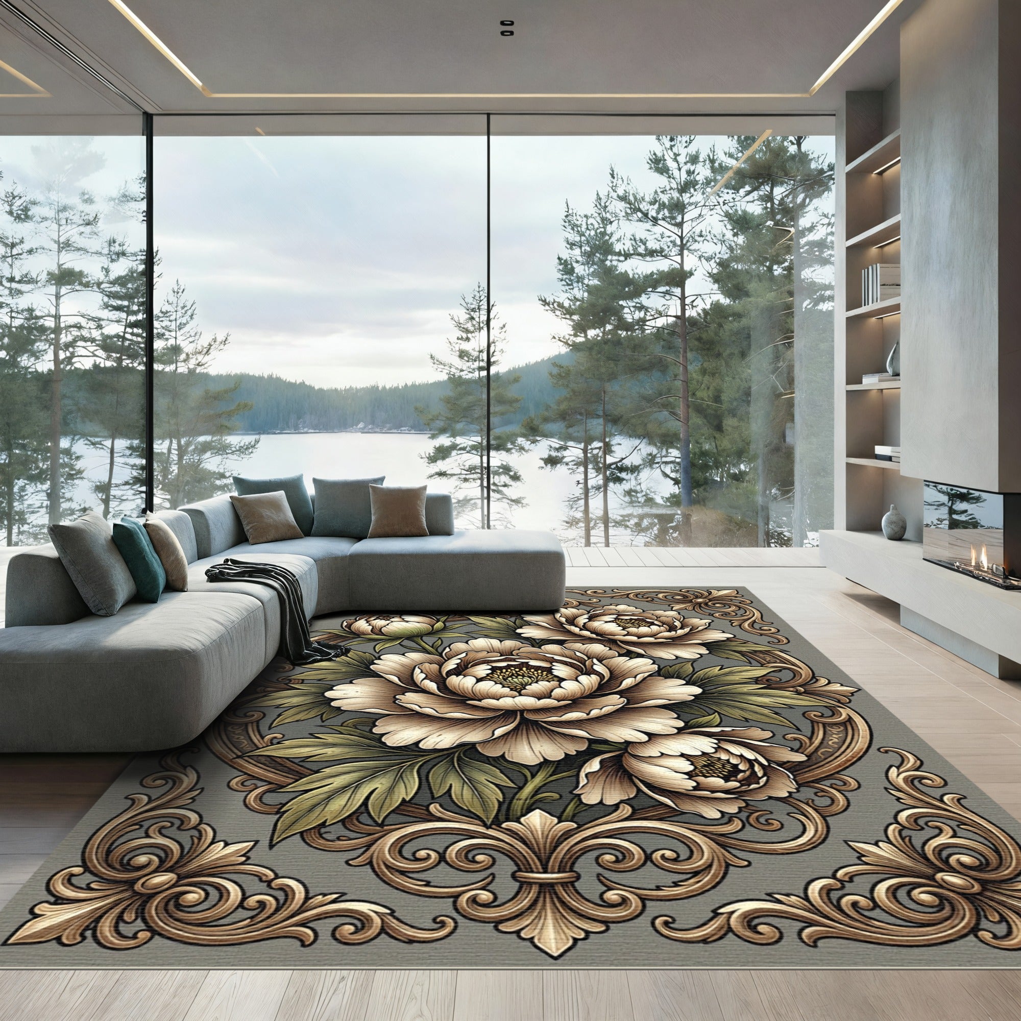 Elegant Gold Floral Peony Frame Rug