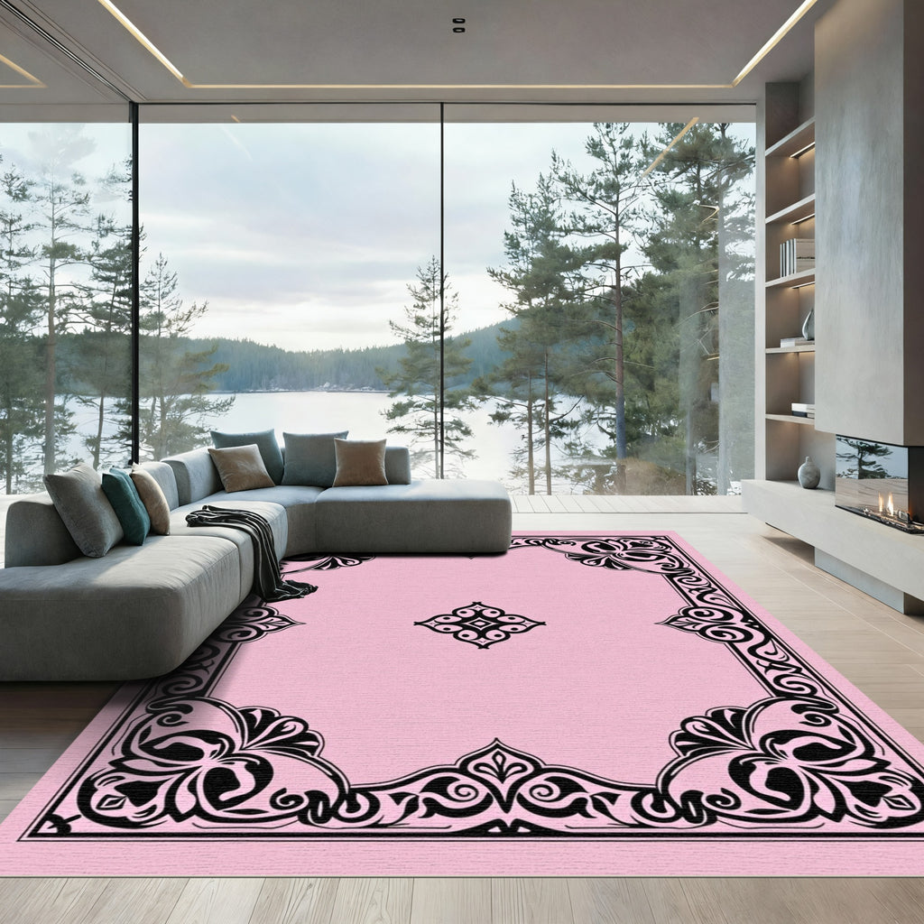 Pink Black Ornate Floral Frame Rug