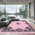 Pink Black Ornate Floral Frame Rug