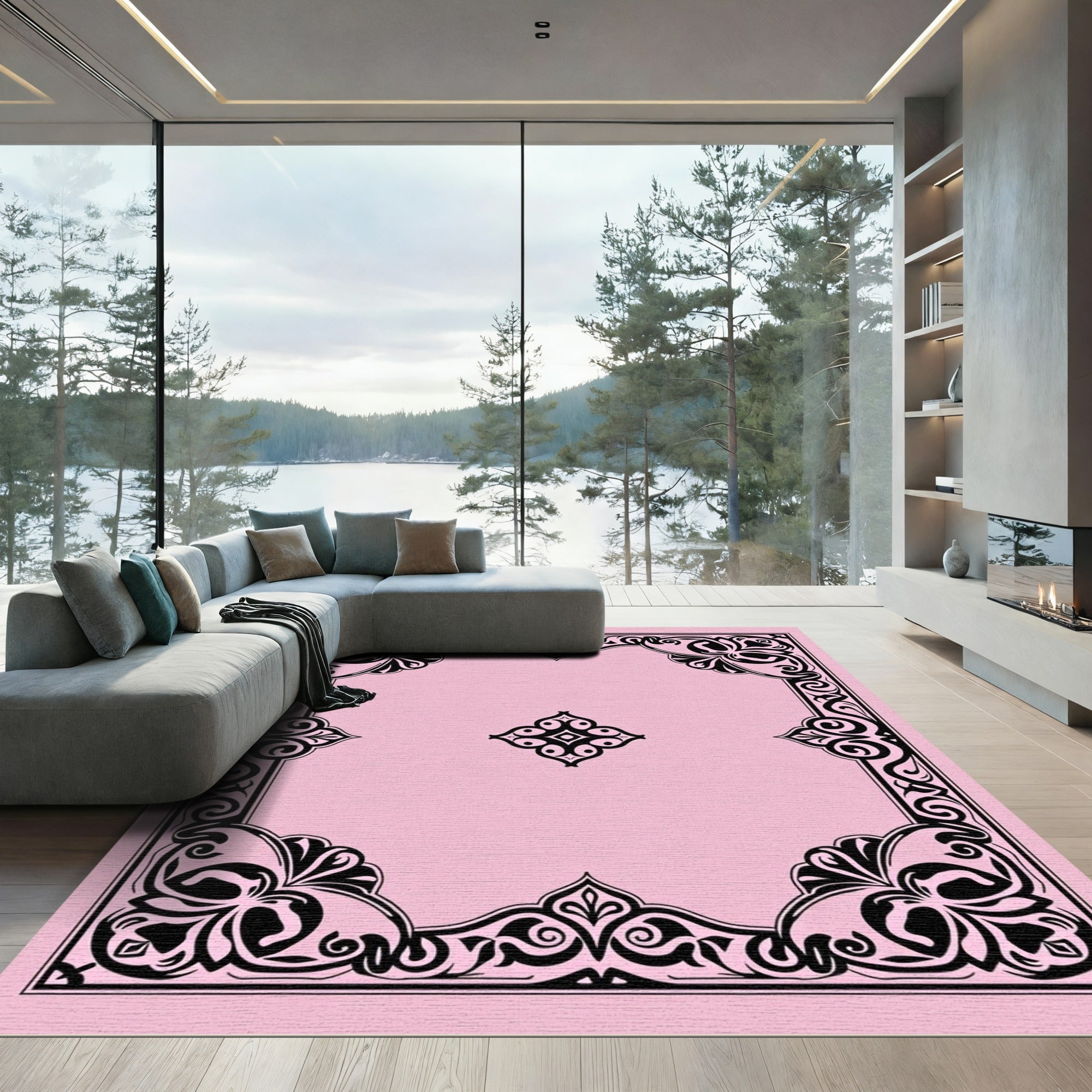 Pink Black Ornate Floral Frame Rug