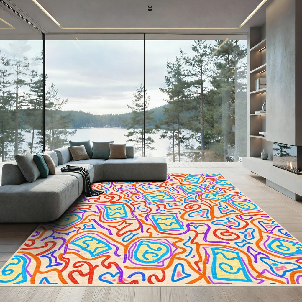 Yellow Squares Wavy Purple Orange Lines Rug
