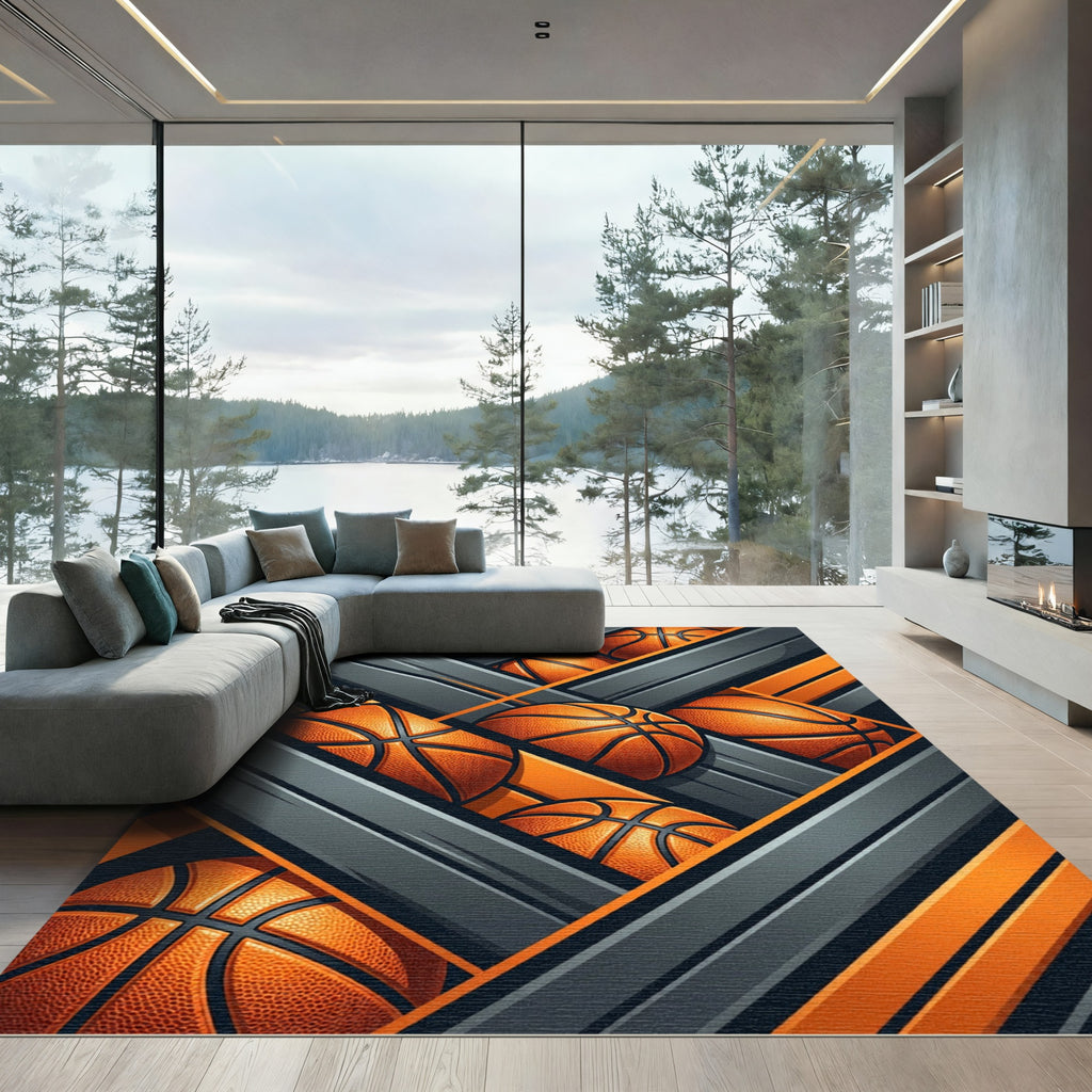 Dynamic Orange Basketball Geometric Stripe Rug