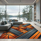 Dynamic Orange Basketball Geometric Stripe Rug