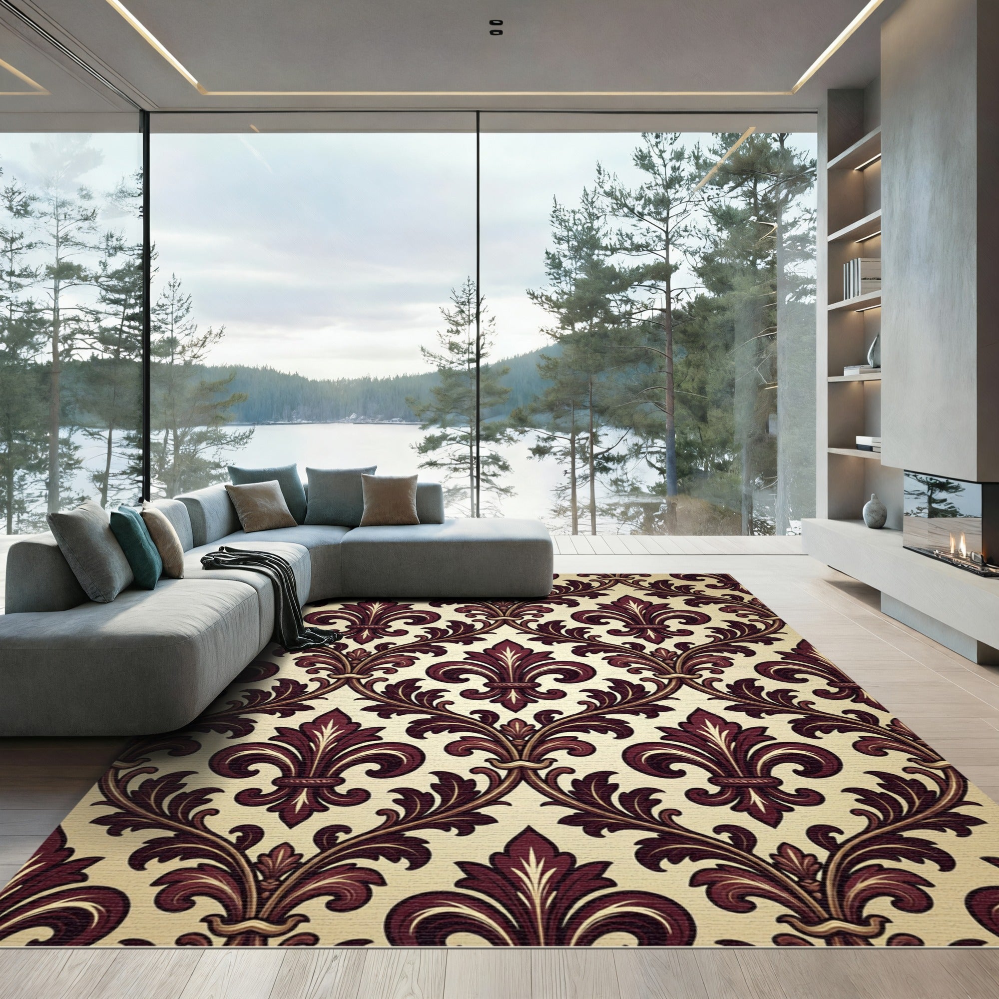 Rich Burgundy Fleur-de-lis Damask Rug