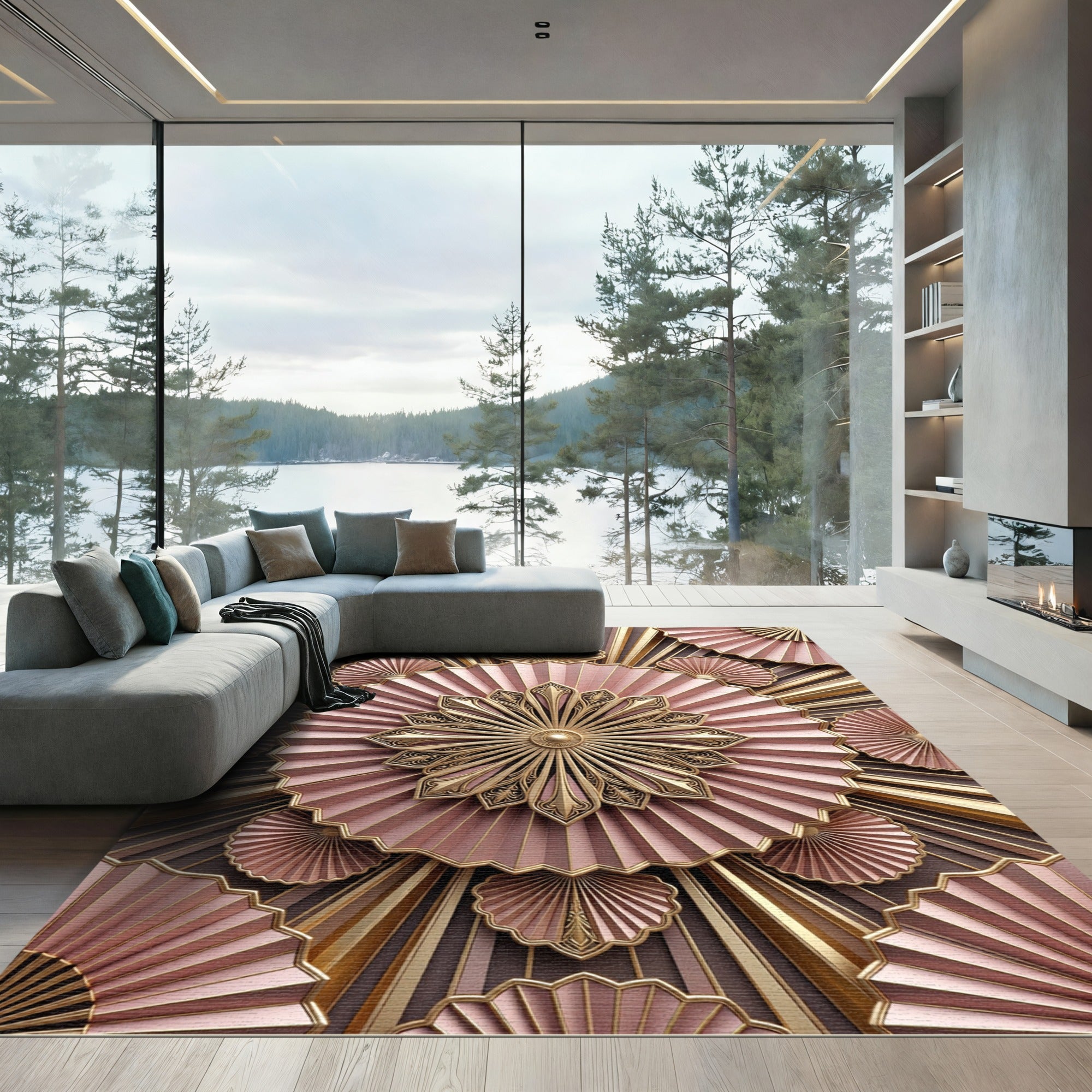 Rose Gold Fan Medallion Art Deco Rug