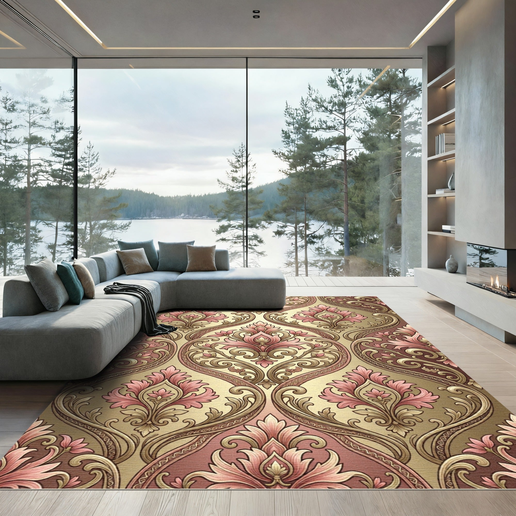 Ornate Pink Floral Damask Gold Rug