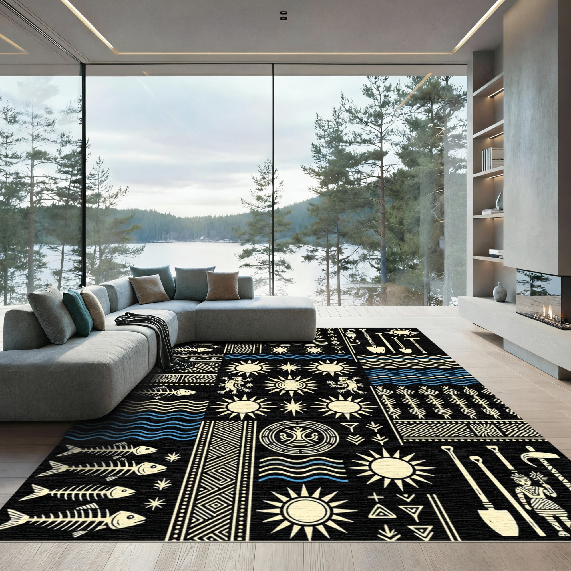 Tribal Sun Fish Wave Imagery Rug