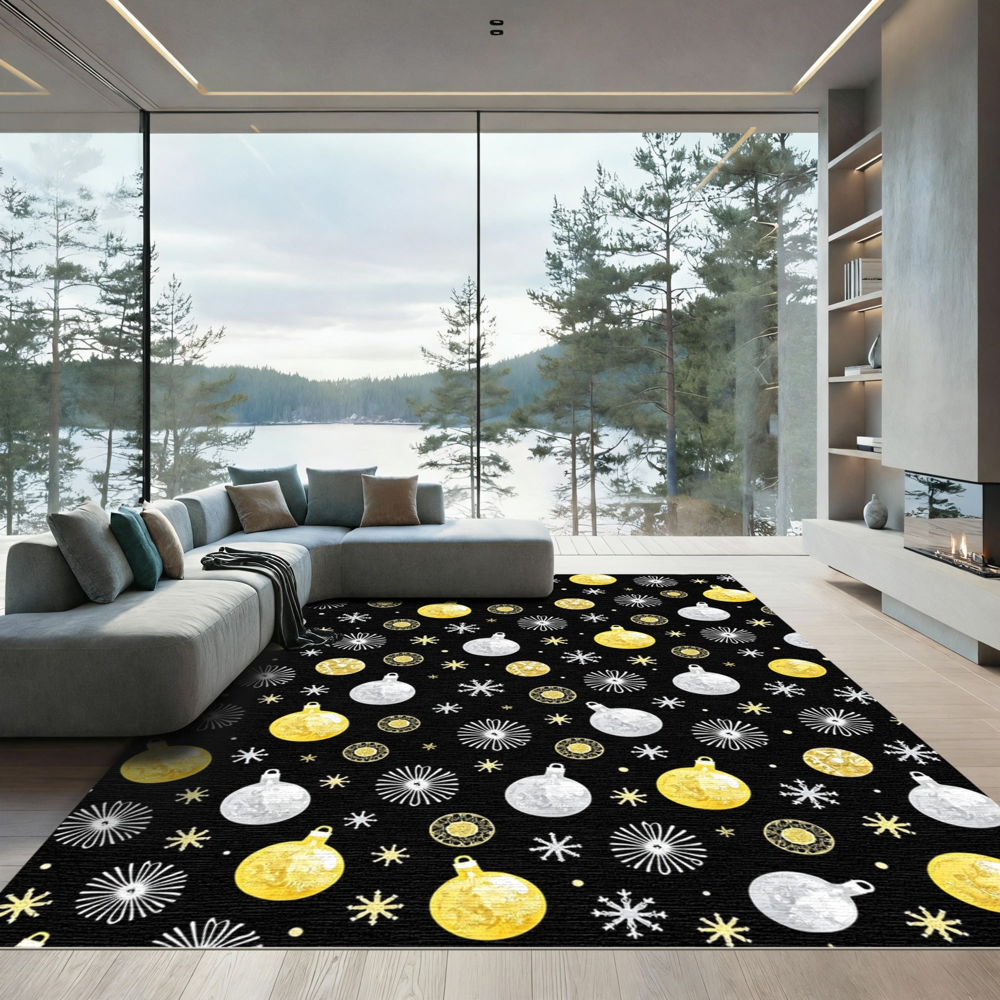 Gold Silver Ornaments Snowflake Pattern Rug