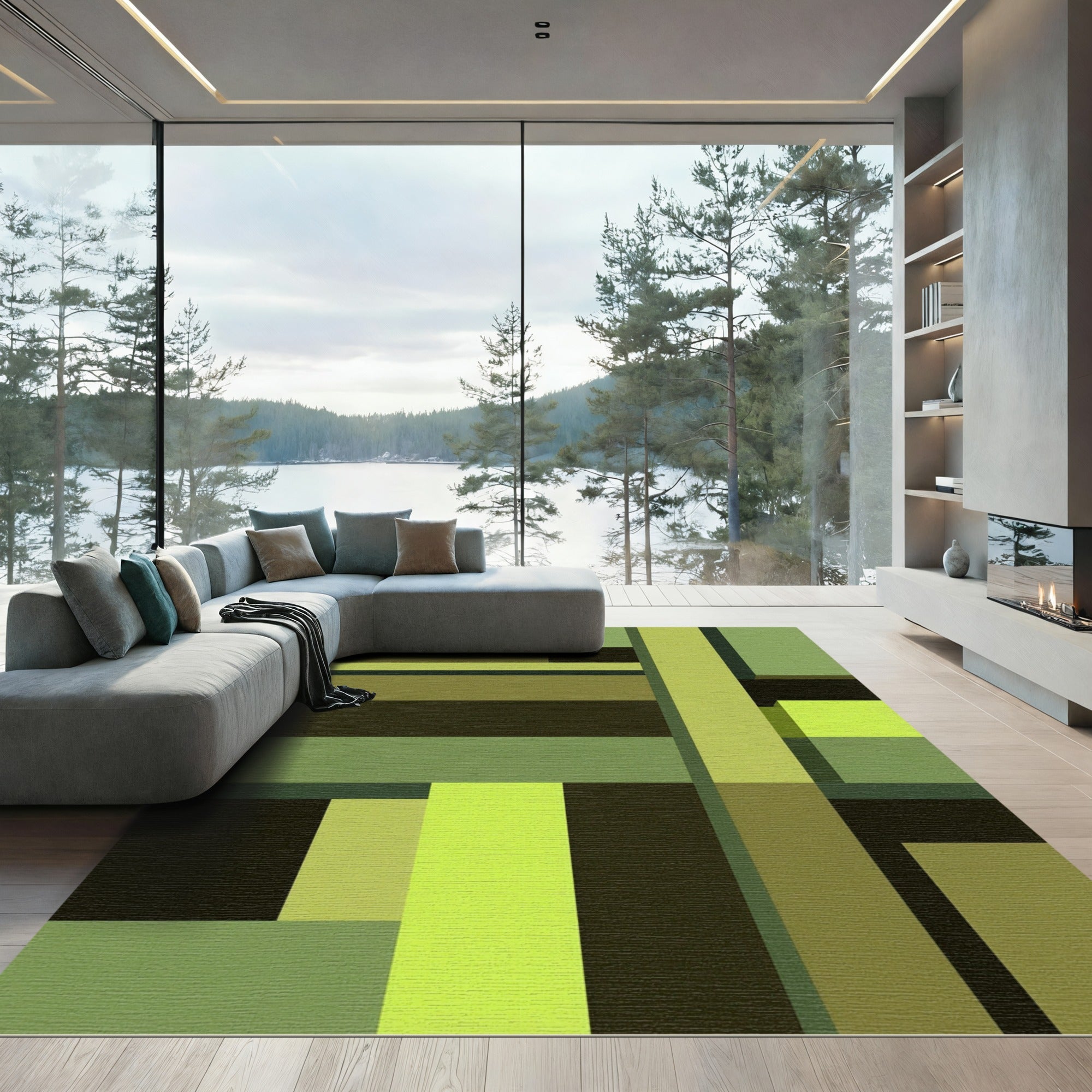 Green Geometric Abstract Rectangles Rug
