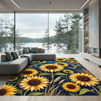 Golden Sunflower Field on Deep Blue Rug
