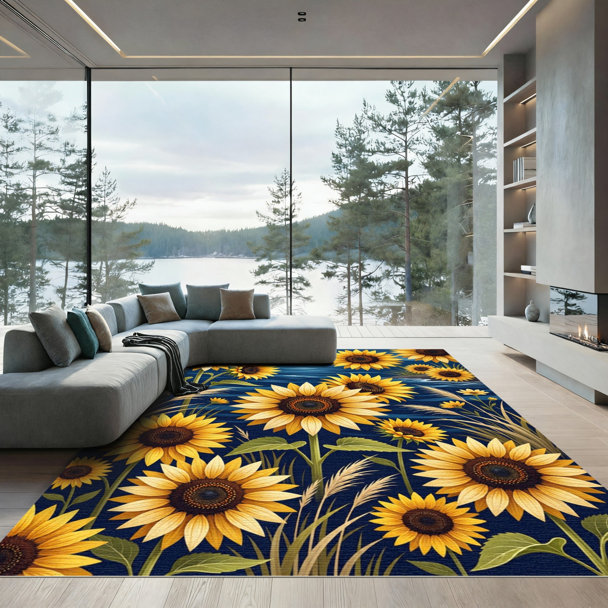 Golden Sunflower Field on Deep Blue Rug