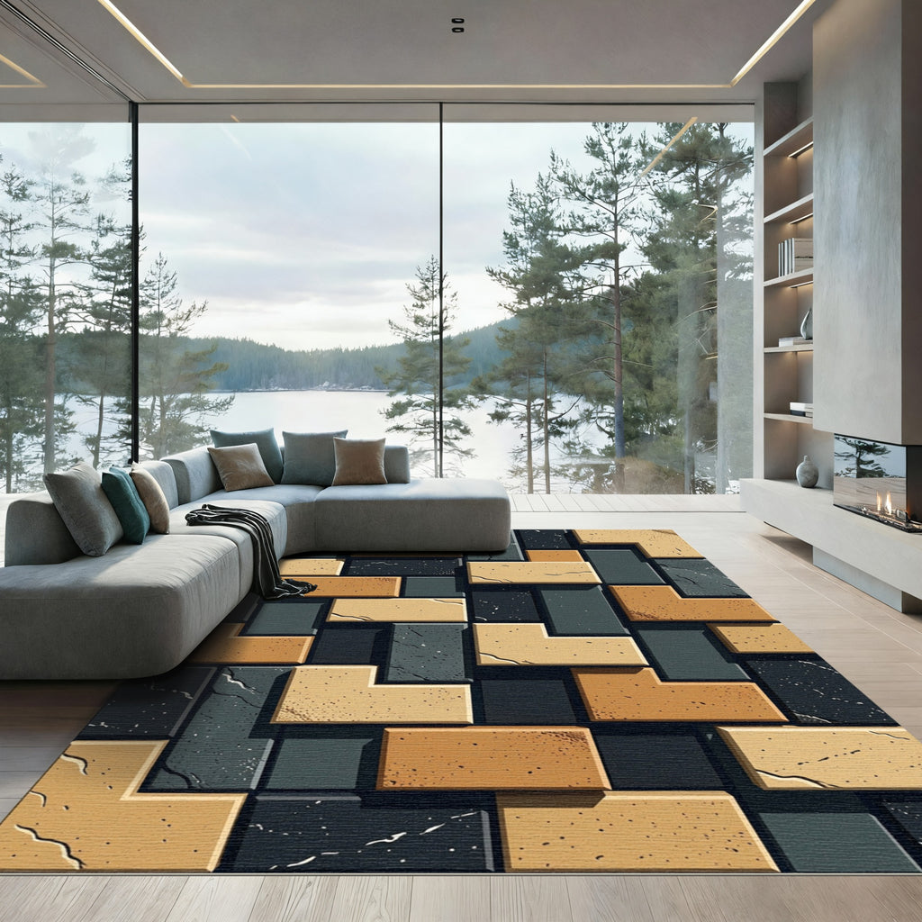 Textured Brickwork Geometric Brown Gray Rug