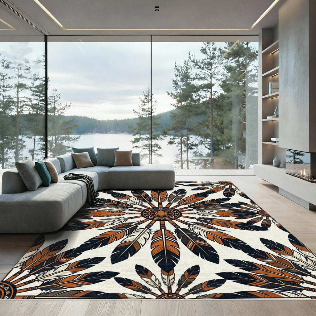 Native Earthy Feather Mandala Medallion Rug