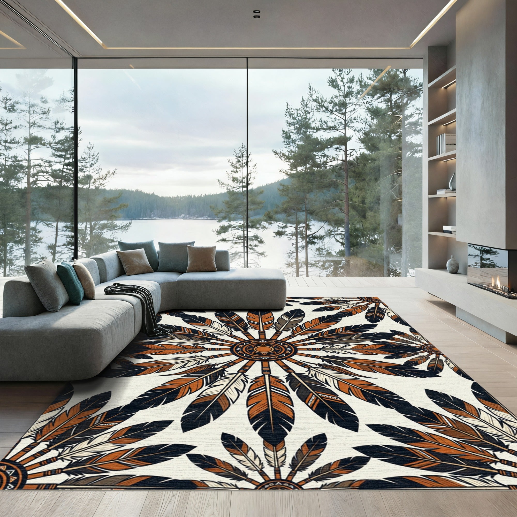 Native Earthy Feather Mandala Medallion Rug