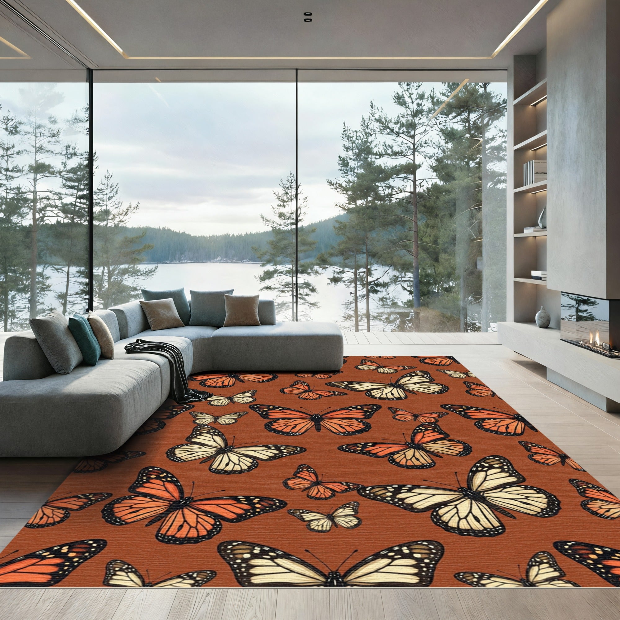 Whimsical Amber Monarch Butterfly Meadow Rug